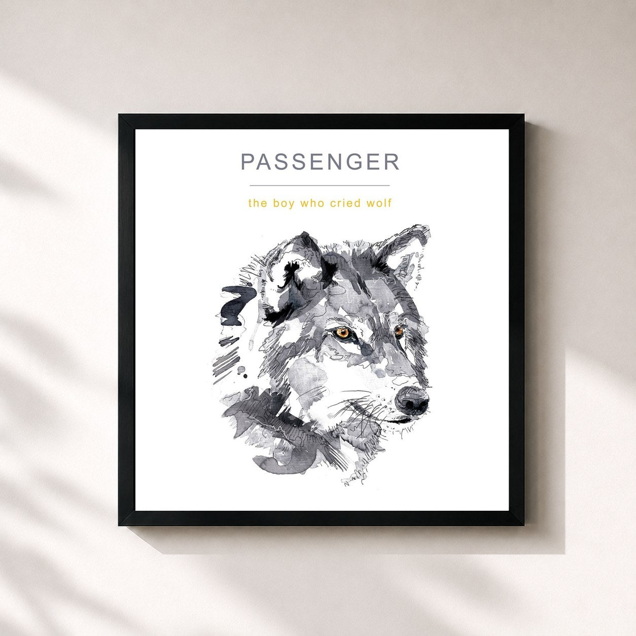 #noir Tableau carré de l'album The Boy Who Cried Wolf de Passenger, cadre noir 32x32 cm