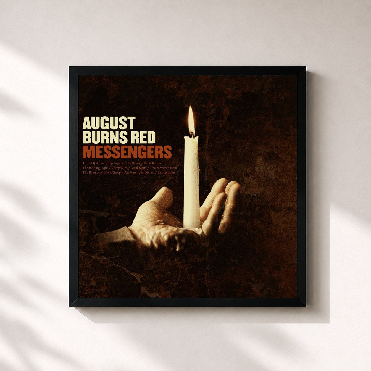 #noir Tableau carré de l'album Messengers de August Burns Red, cadre noir 32x32 cm