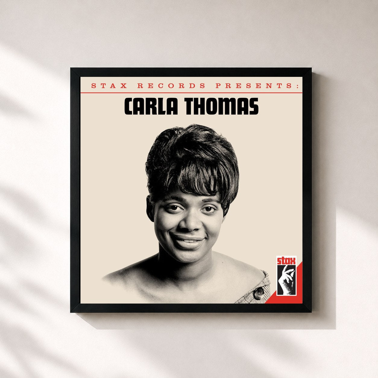 #noir Tableau carré de l'album Stax Records Presents de Carla Thomas, cadre noir 32x32 cm