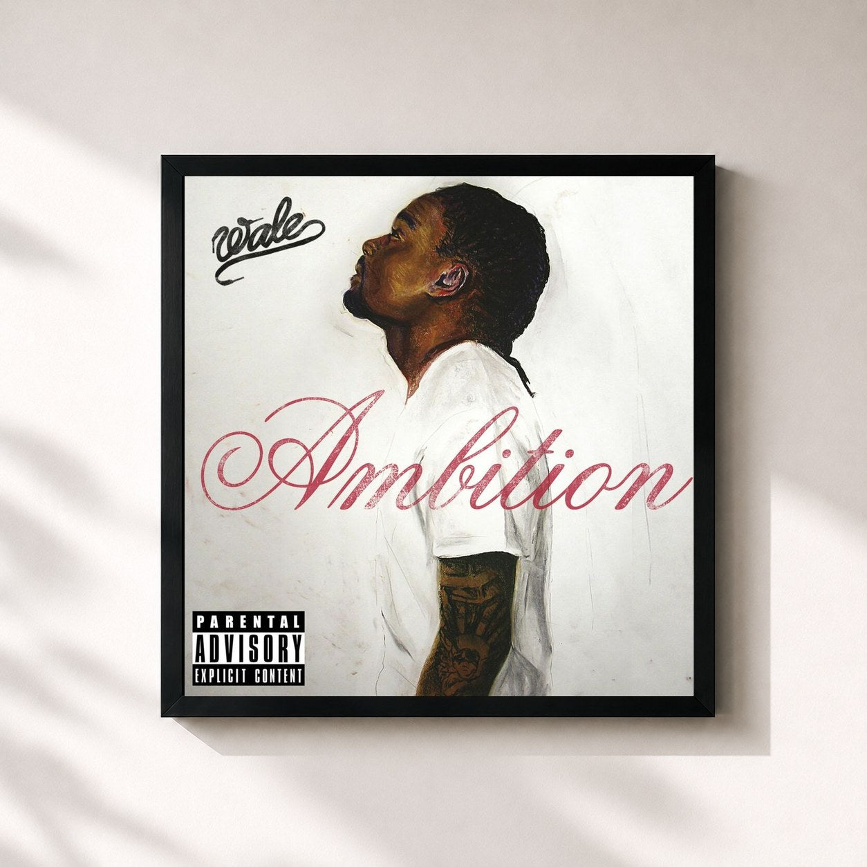 #noir Tableau carré de l'album Ambition de Wale, cadre noir 32x32 cm