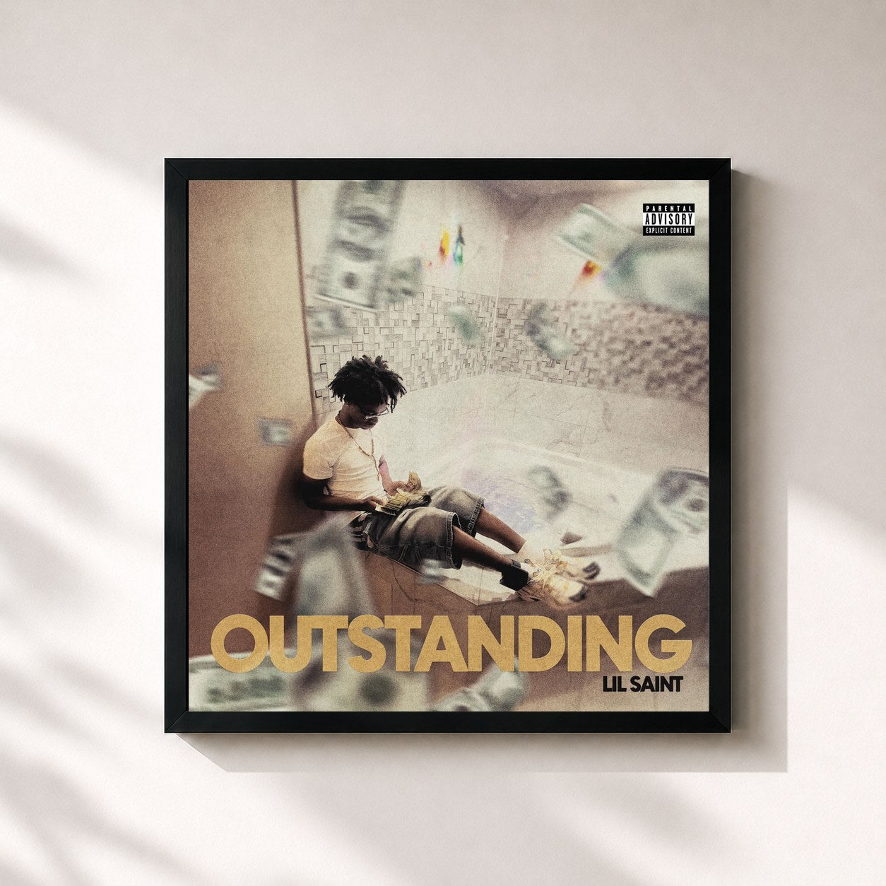 #noir Tableau carré de l'album OUTSTANDING de Lil Saint, cadre noir 32x32 cm