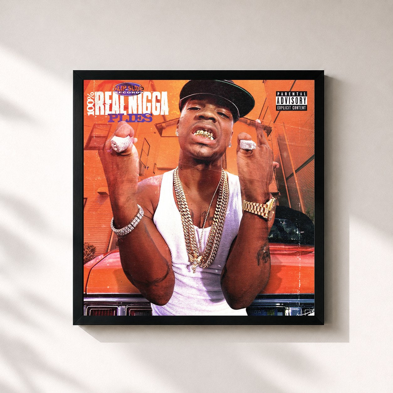 #noir Tableau carré de l'album 100% Real Nigga de Plies, cadre noir 32x32 cm