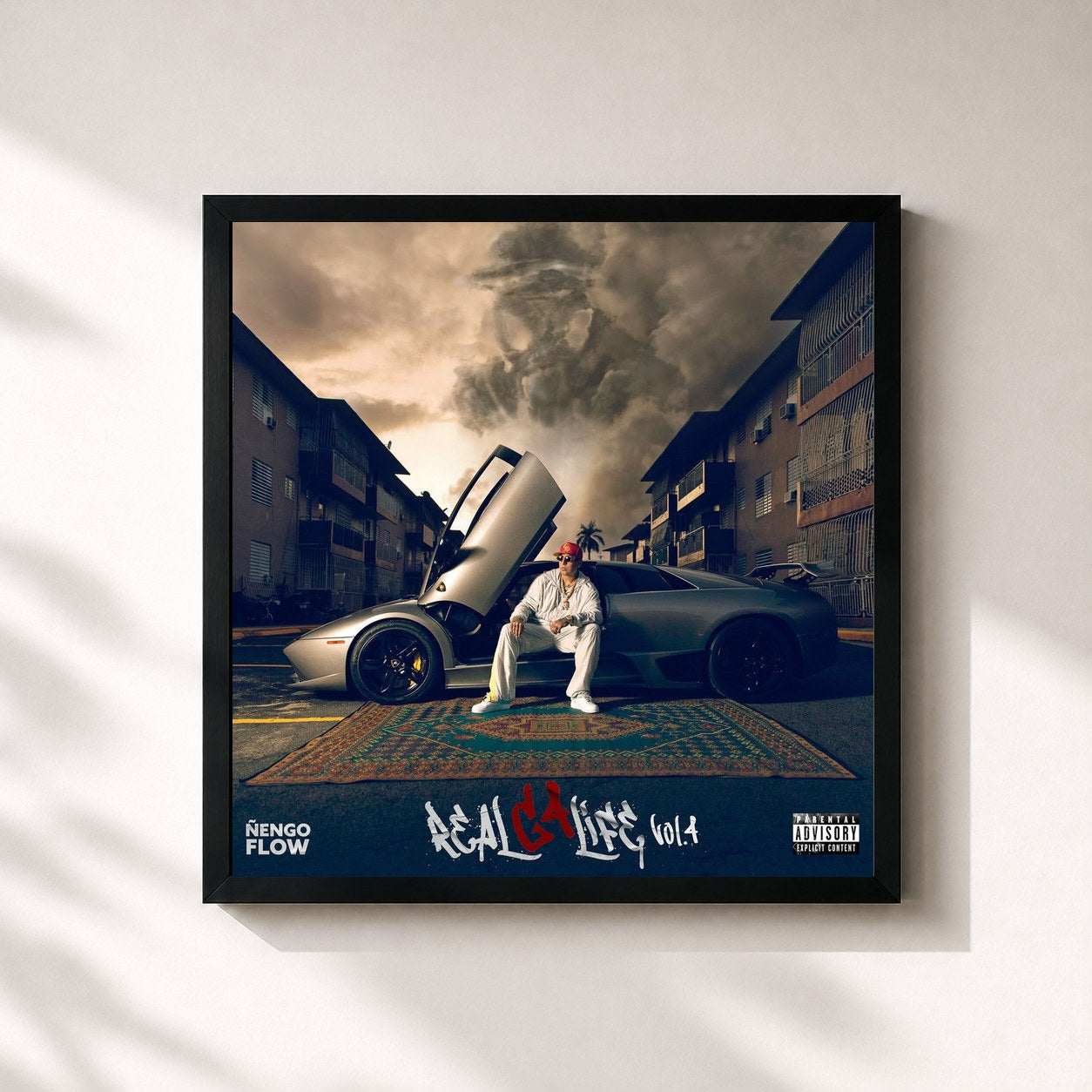 #noir Tableau carré de l'album RealG4Life Vol. 4 de Ñengo Flow, cadre noir 32x32 cm