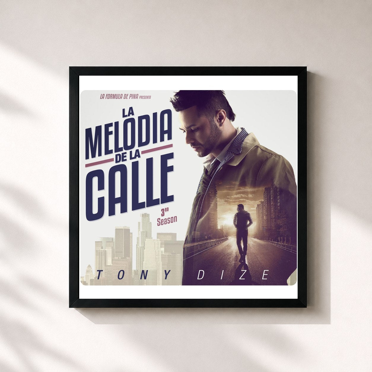 #noir Tableau carré de l'album La Melodia De La Calle 3rd Season de Tony Dize, cadre noir 32x32 cm