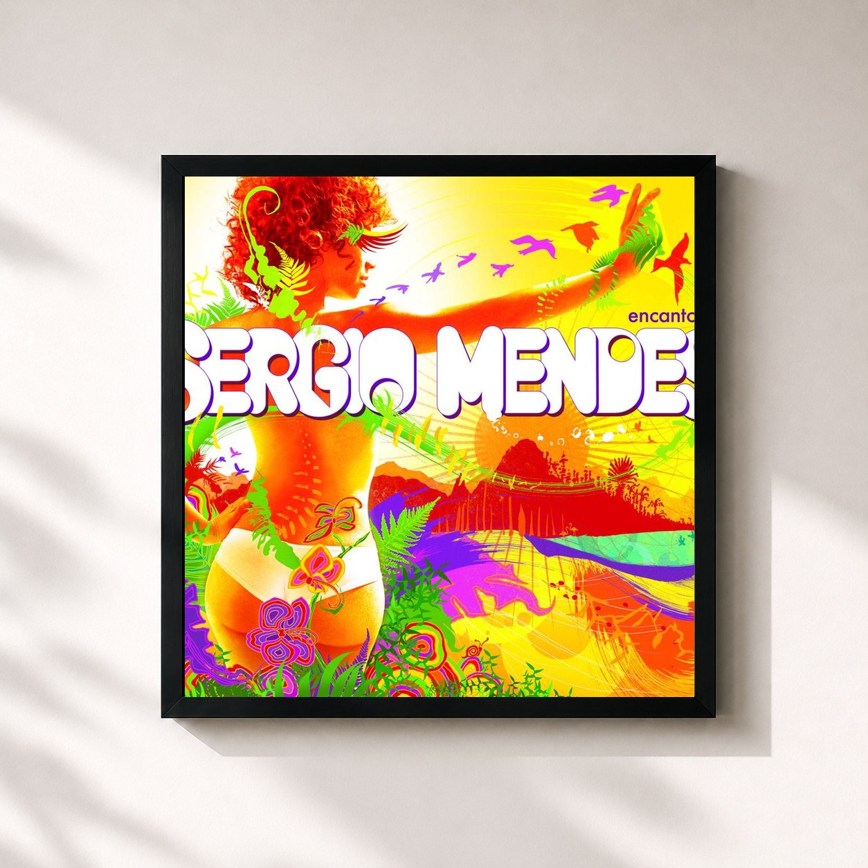 #noir Tableau carré de l'album Encanto de Sergio Mendes, cadre noir 32x32 cm