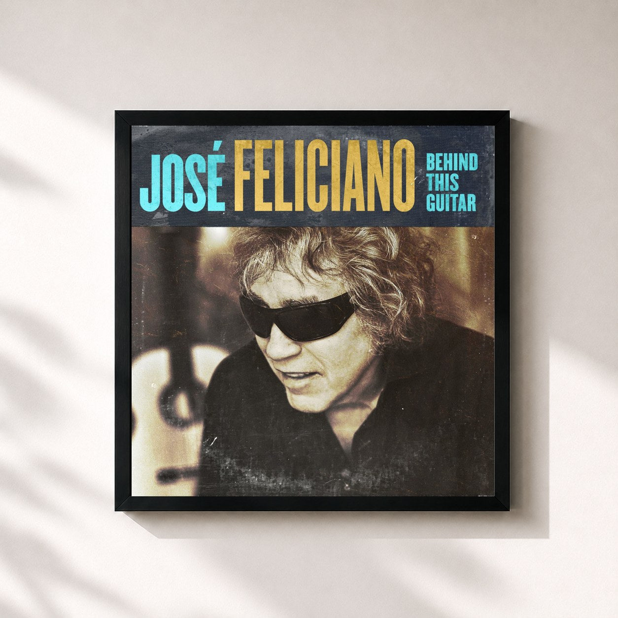 #noir Tableau carré de l'album Behind This Guitar de José Feliciano, cadre noir 32x32 cm