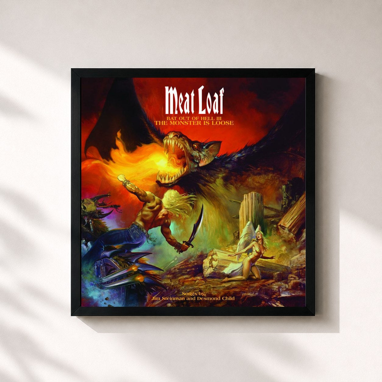 #noir Tableau carré de l'album Bat Out Of Hell 3 de Meat Loaf, cadre noir 32x32 cm