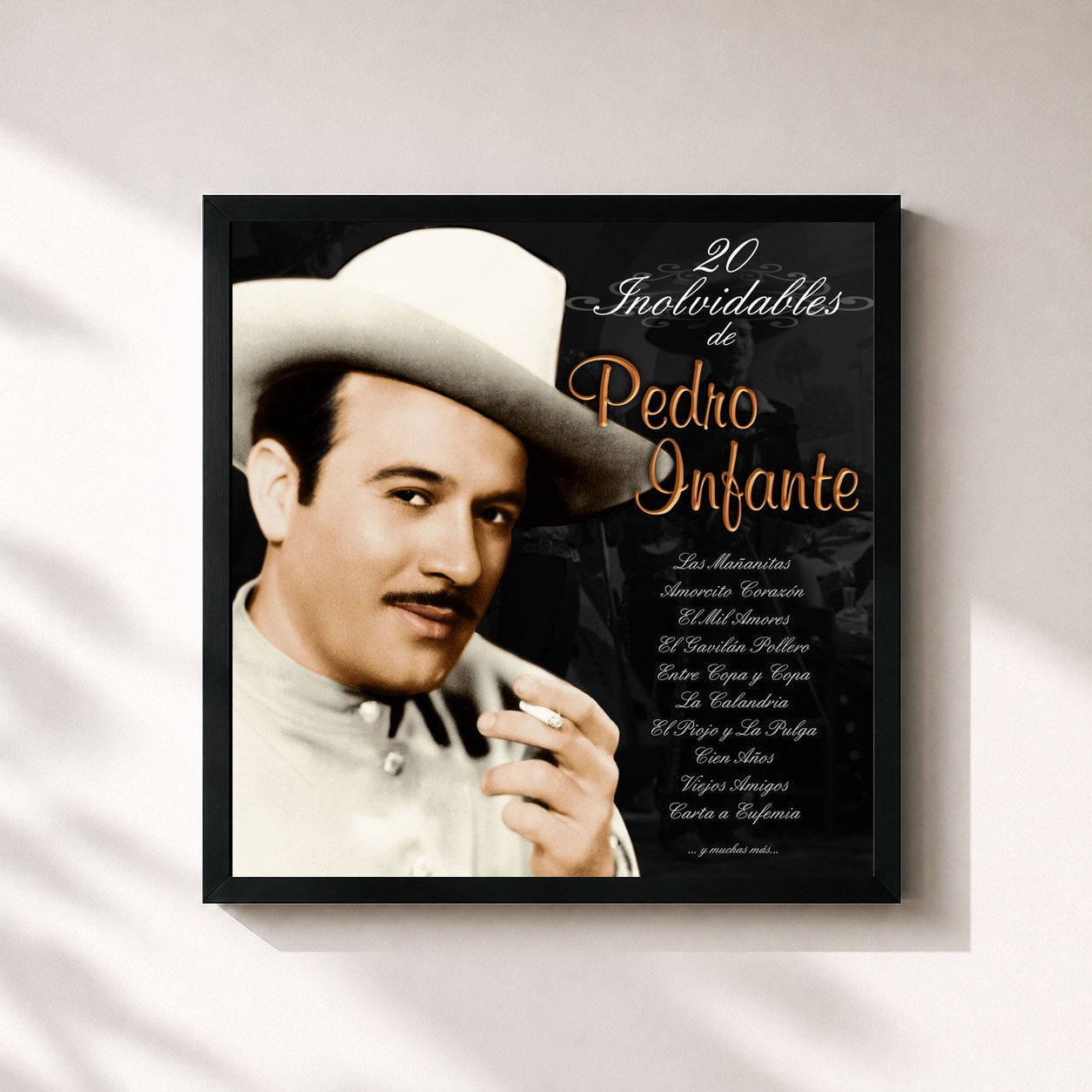 #noir Tableau carré de l'album 20 Inolvidables de Pedro Infante de Pedro Infante, cadre noir 32x32 cm