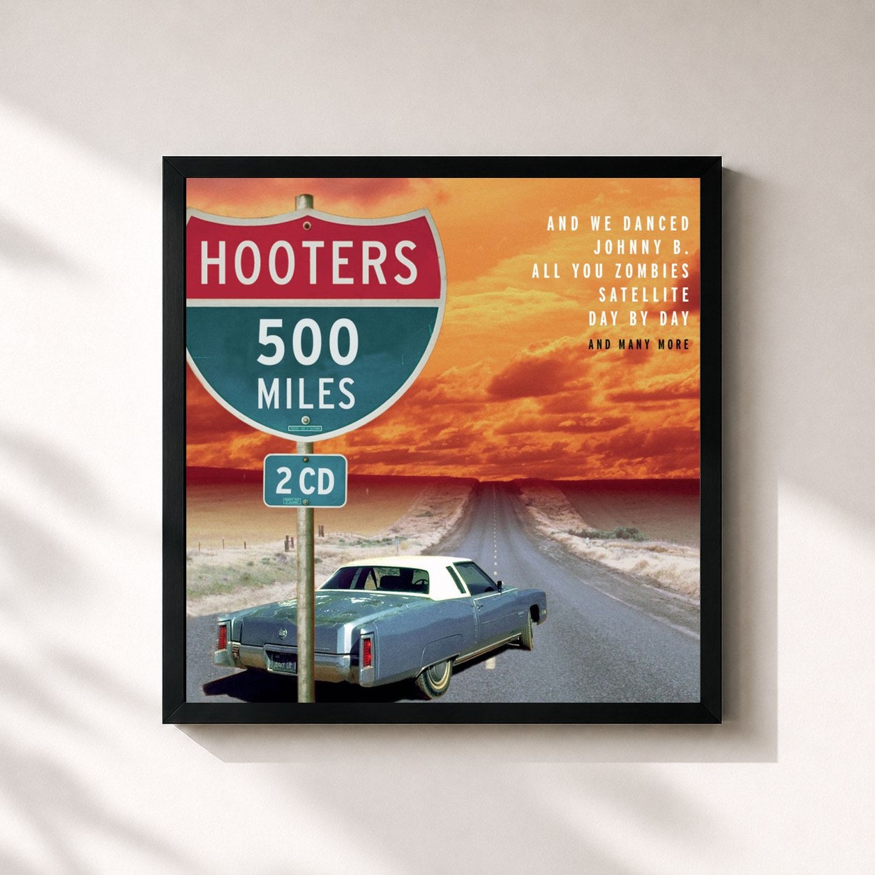 #noir Tableau carré de l'album 500 Miles de The Hooters, cadre noir 32x32 cm