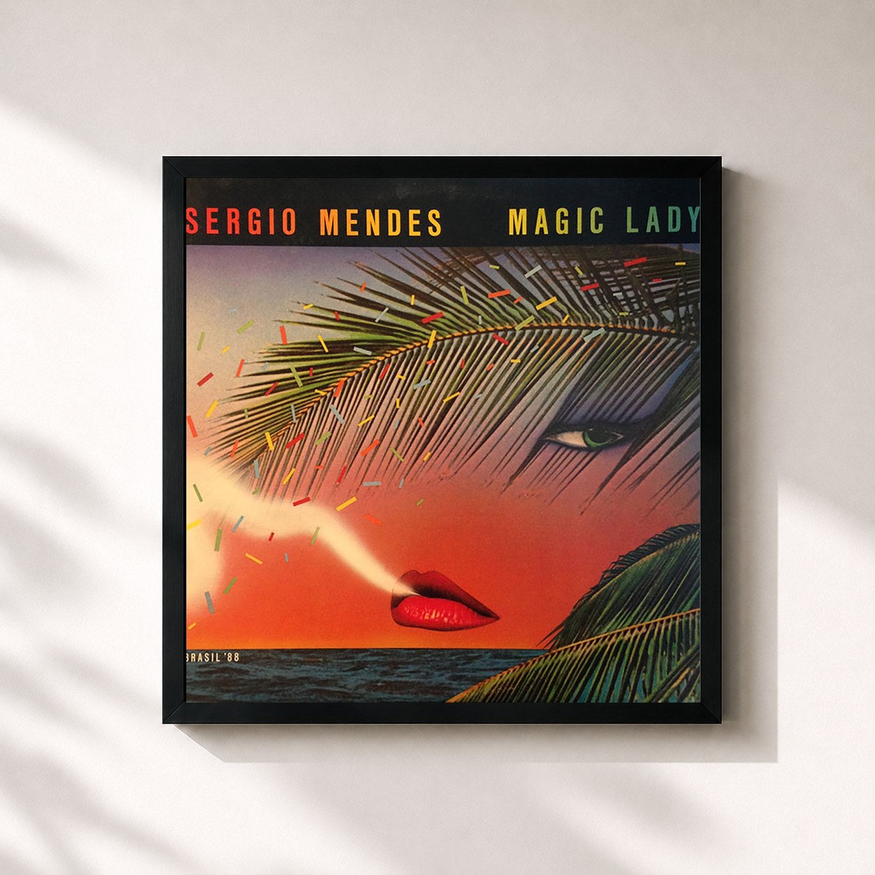 #noir Tableau carré de l'album Magic Lady de Sergio Mendes, cadre noir 32x32 cm