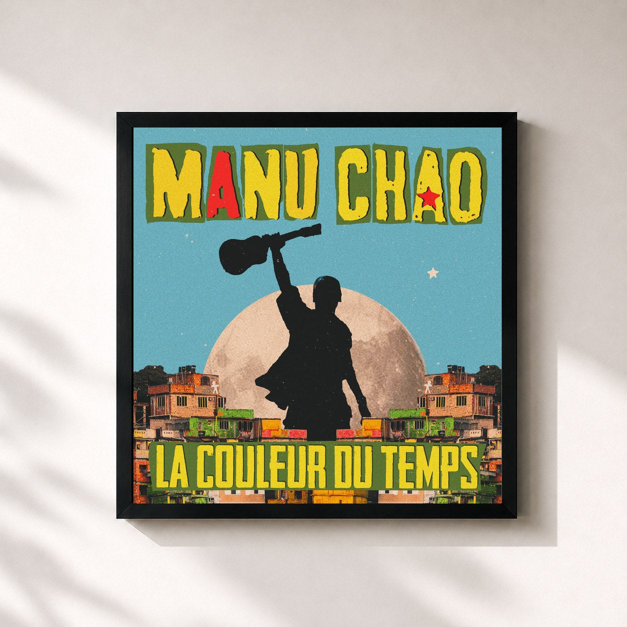 #noir Tableau carré de l'album La Couleur du Temps de Manu Chao, cadre noir 32x32 cm