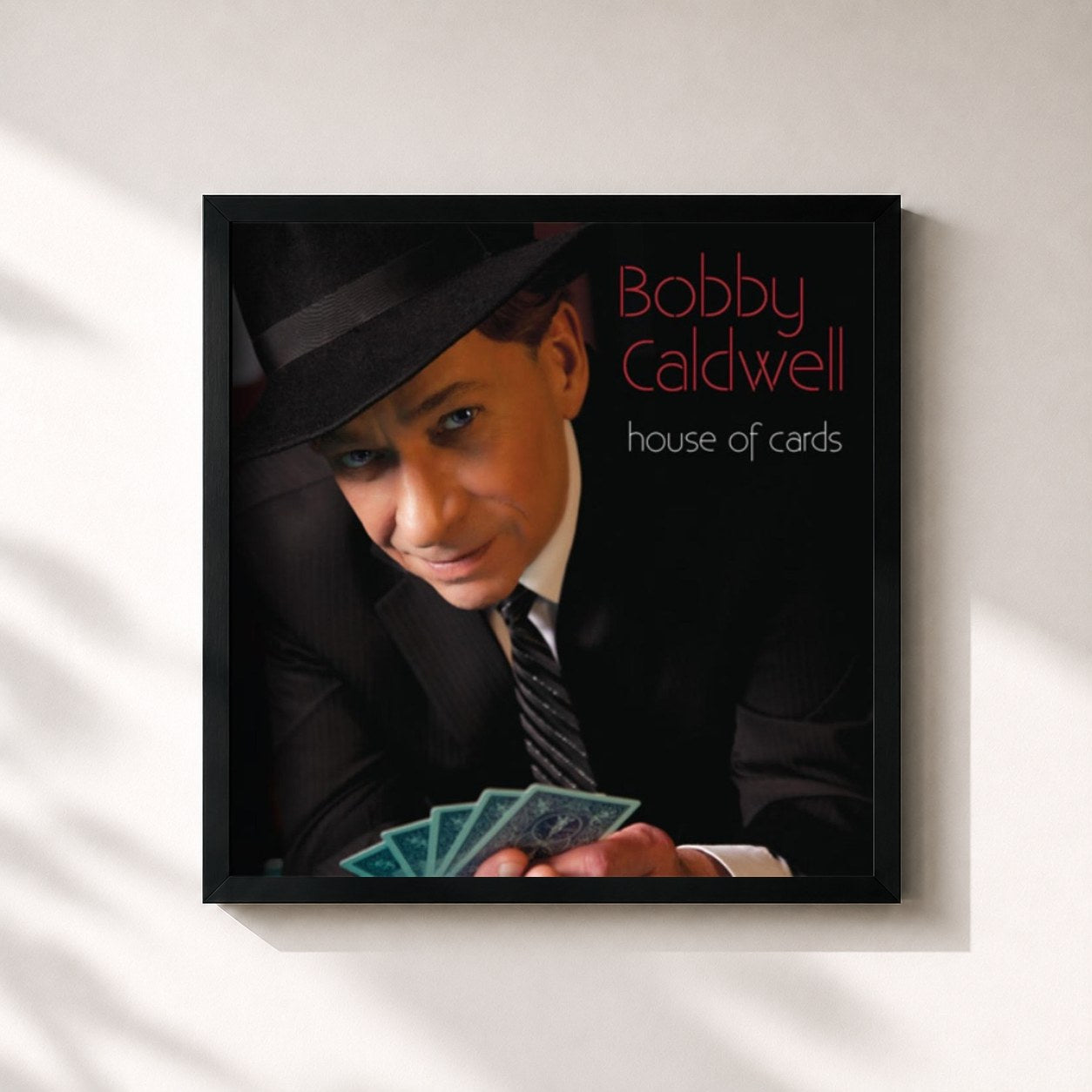 #noir Tableau carré de l'album House of Cards de Bobby Caldwell, cadre noir 32x32 cm