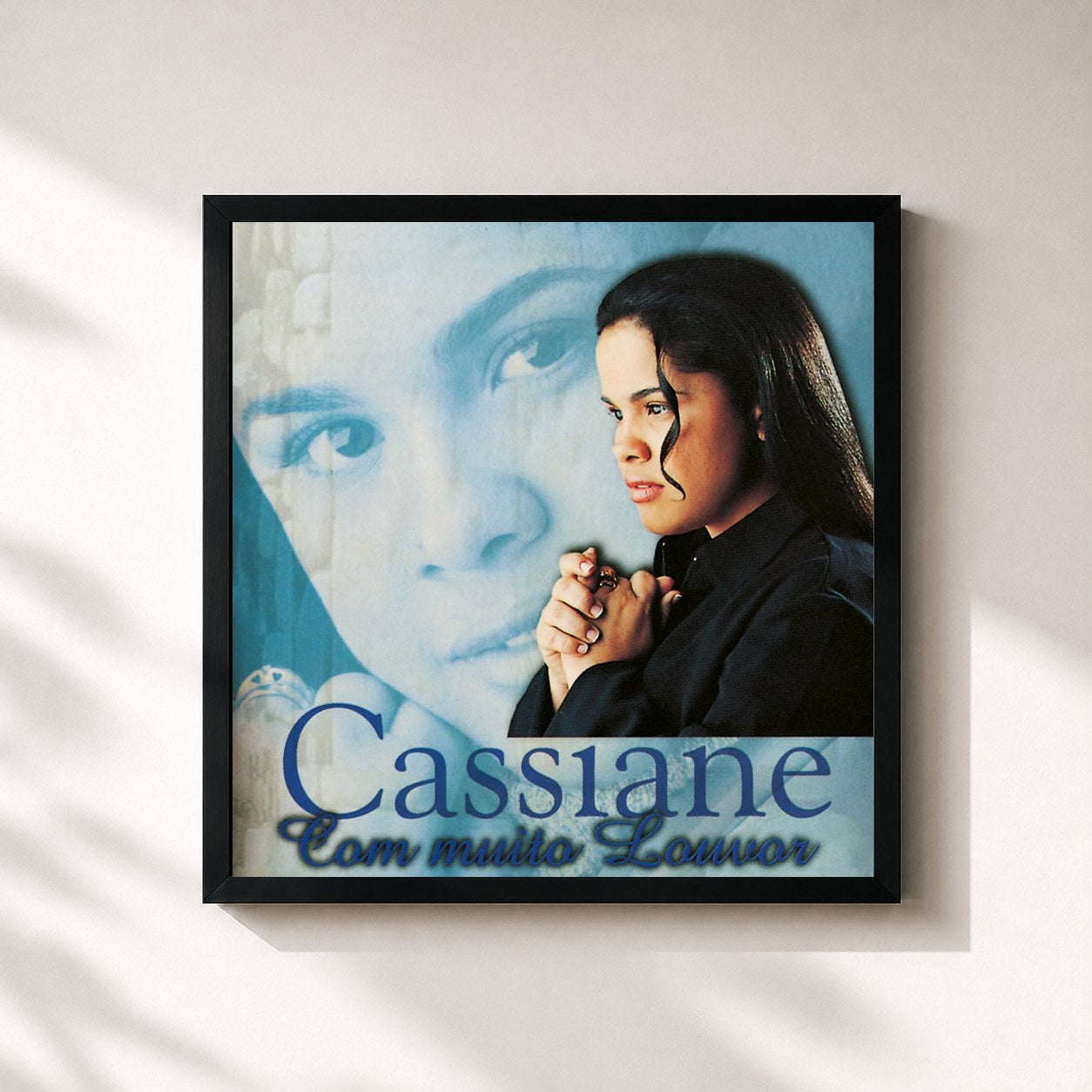 #noir Tableau carré de l'album Com Muito Louvor de Cassiane, cadre noir 32x32 cm