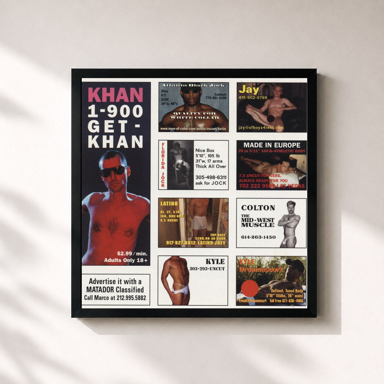 #noir Tableau carré de l'album 1-900-GET-KHAN de Khan, cadre noir 32x32 cm