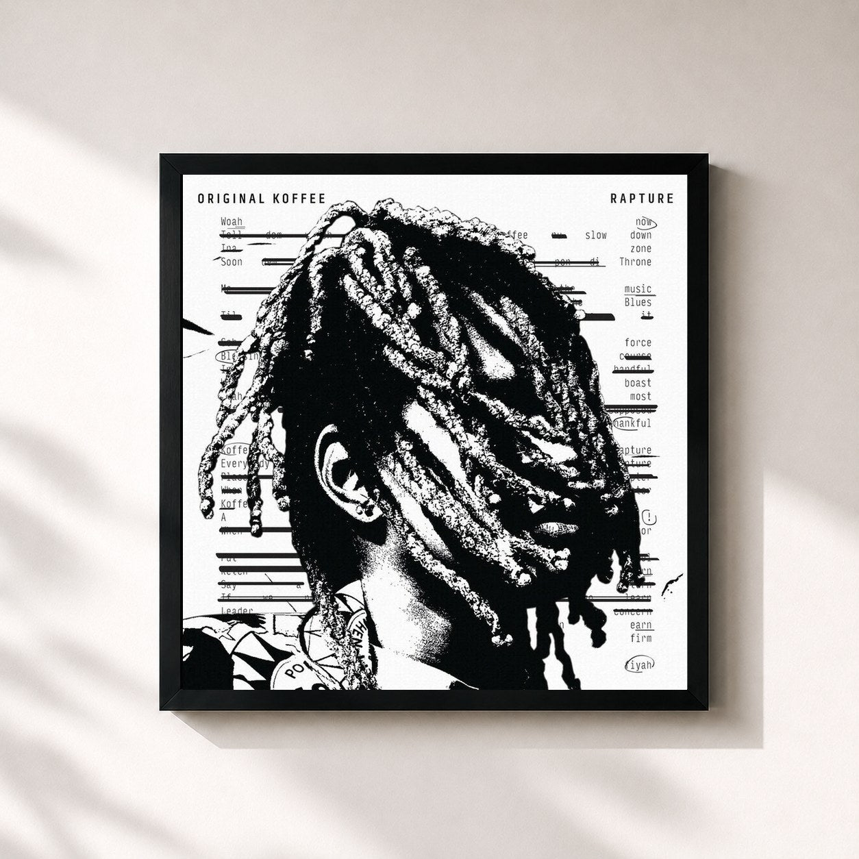 #noir Tableau carré de l'album Rapture de Original Koffee, cadre noir 32x32 cm