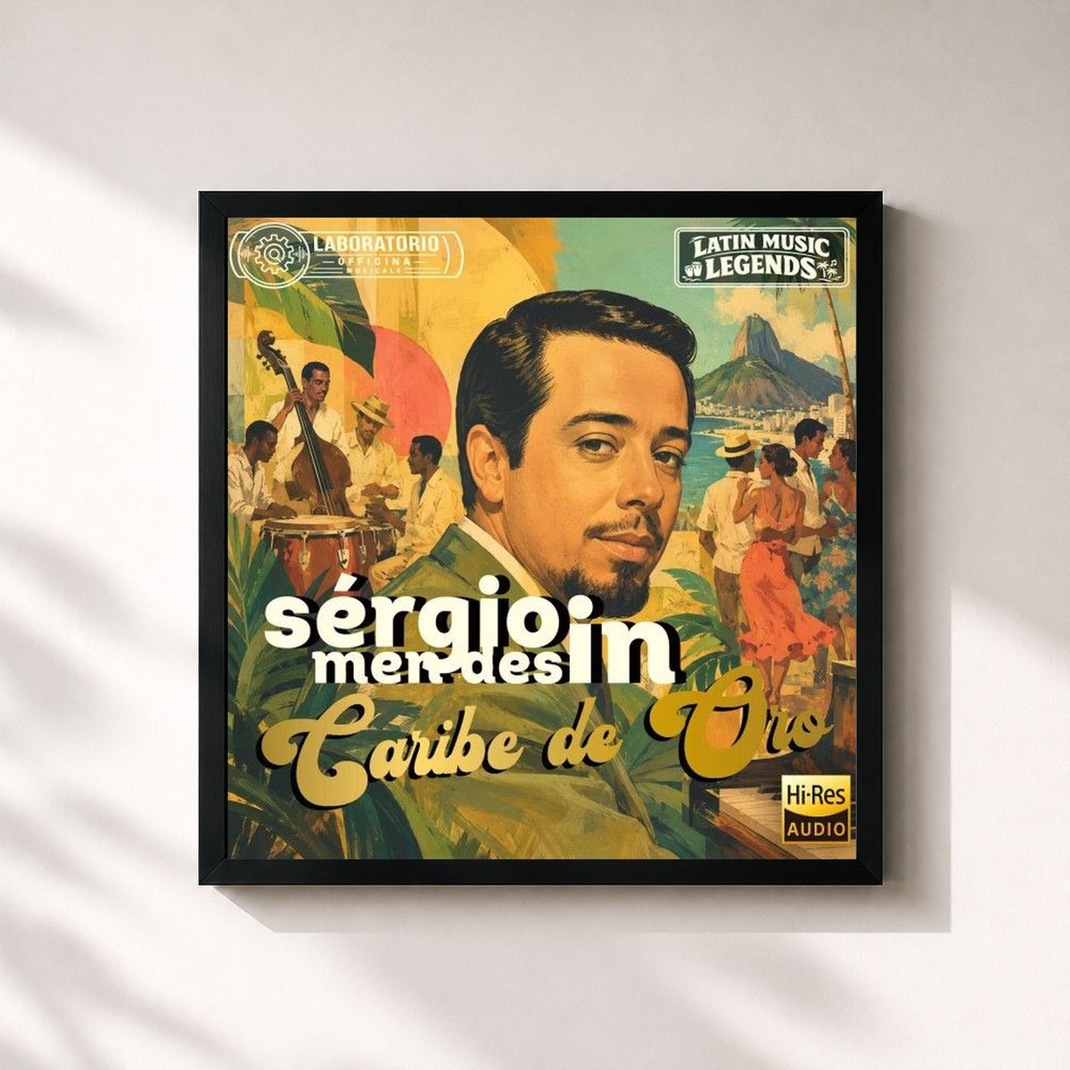 #noir Tableau carré de l'album Mendes in Caribe de Oro. Latin Music Legends de Sergio Mendes, cadre noir 32x32 cm