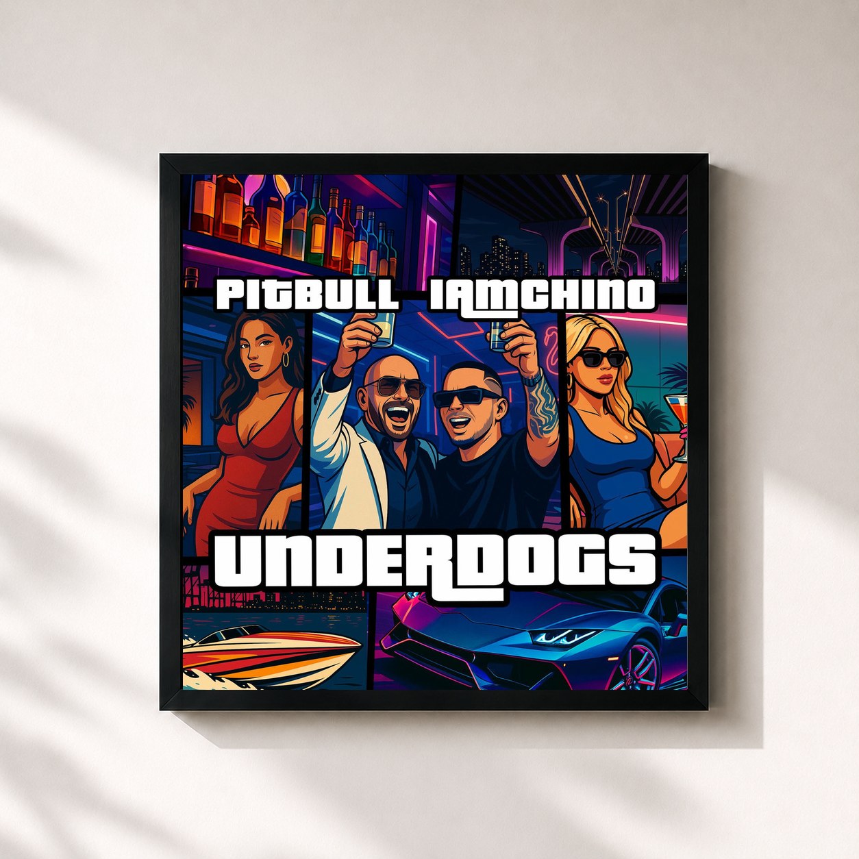 #noir Tableau carré de l'album UNDERDOGS de IAmChino, cadre noir 32x32 cm