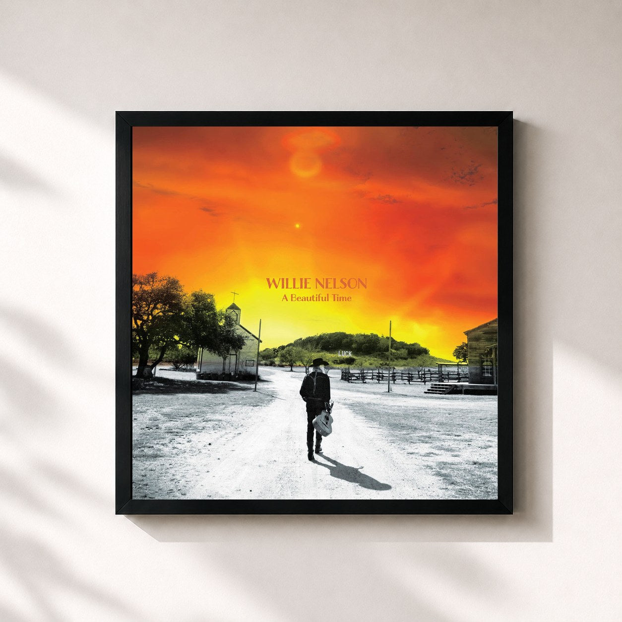 #noir Tableau carré de l'album A Beautiful Time de Willie Nelson, cadre noir 32x32 cm