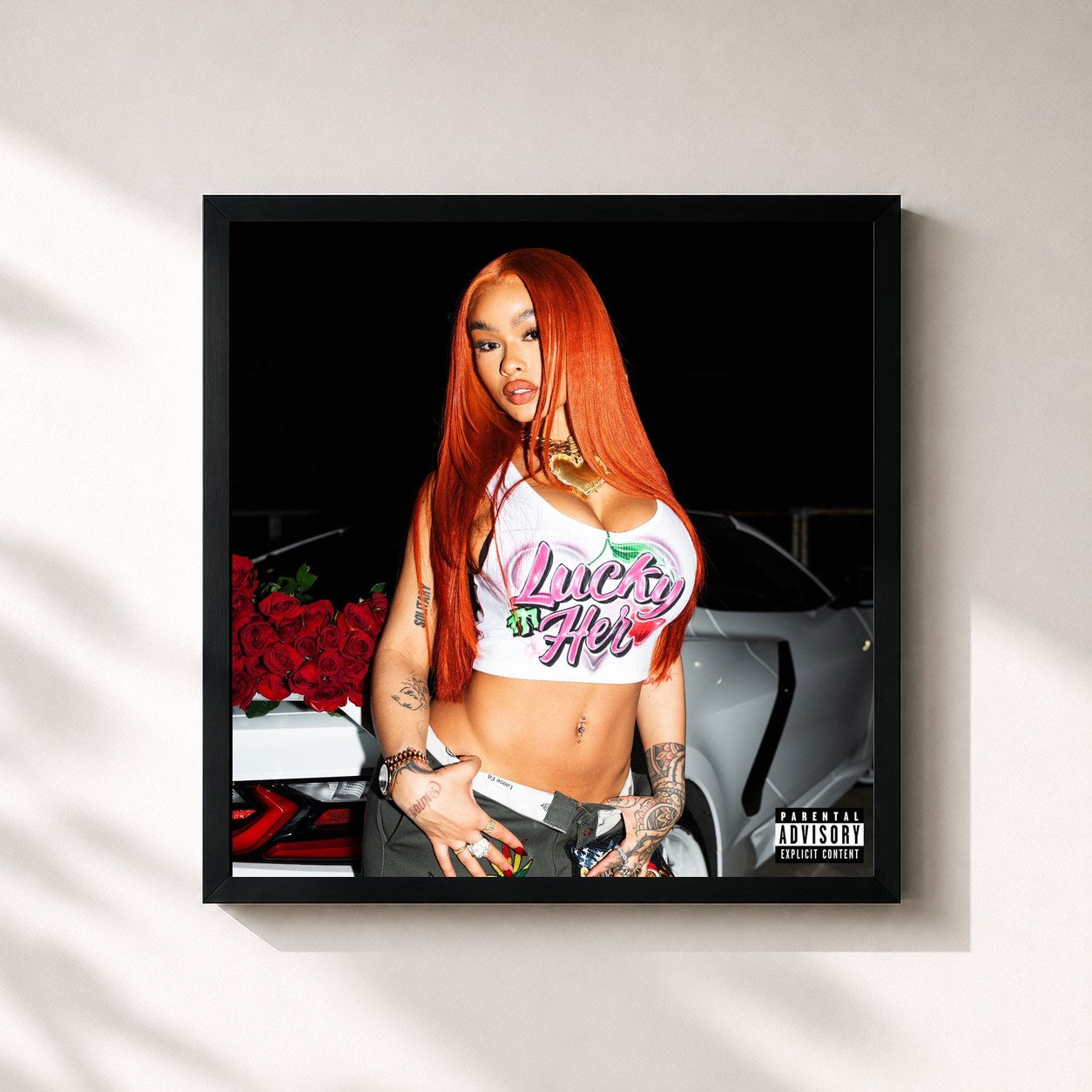 #noir Tableau carré de l'album LUCKY HER de Mozzy, cadre noir 32x32 cm