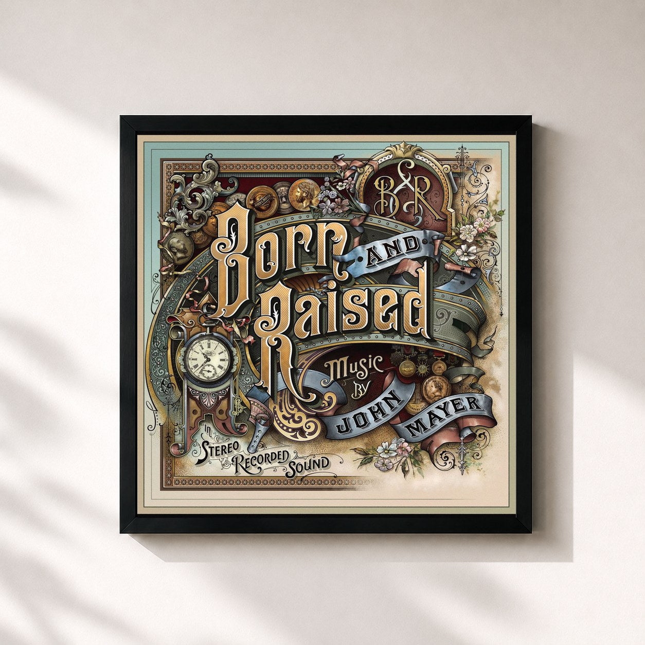 #noir Tableau carré de l'album Born and Raised de John Mayer, cadre noir 32x32 cm
