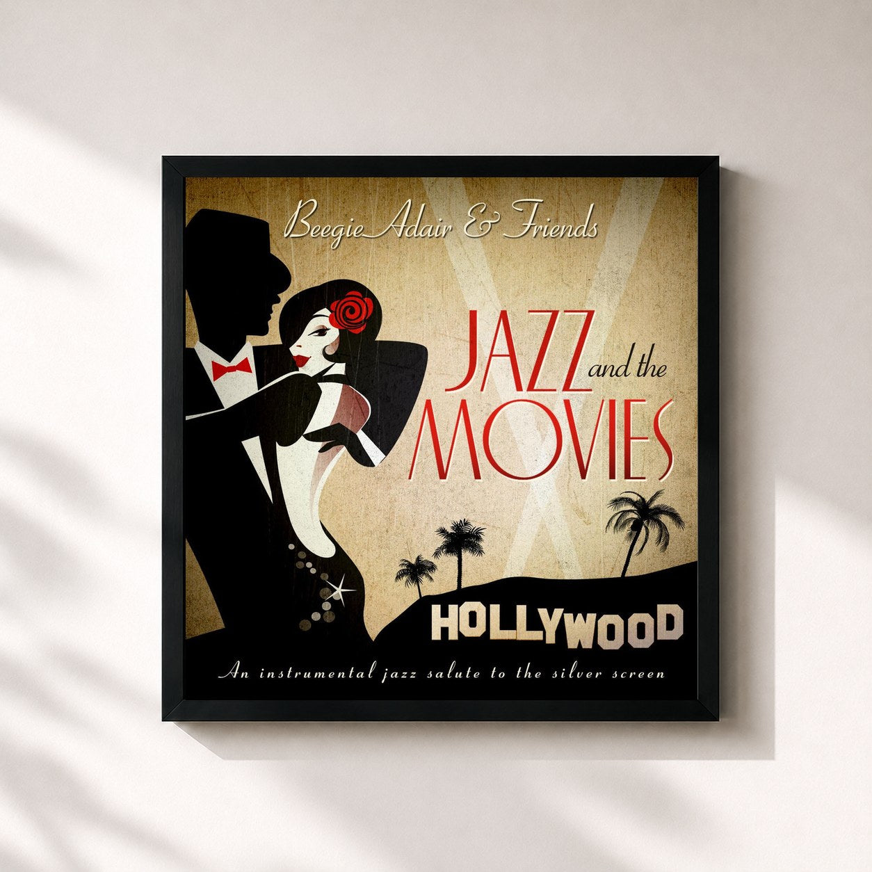 #noir Tableau carré de l'album Jazz And The Movies de Beegie Adair, cadre noir 32x32 cm