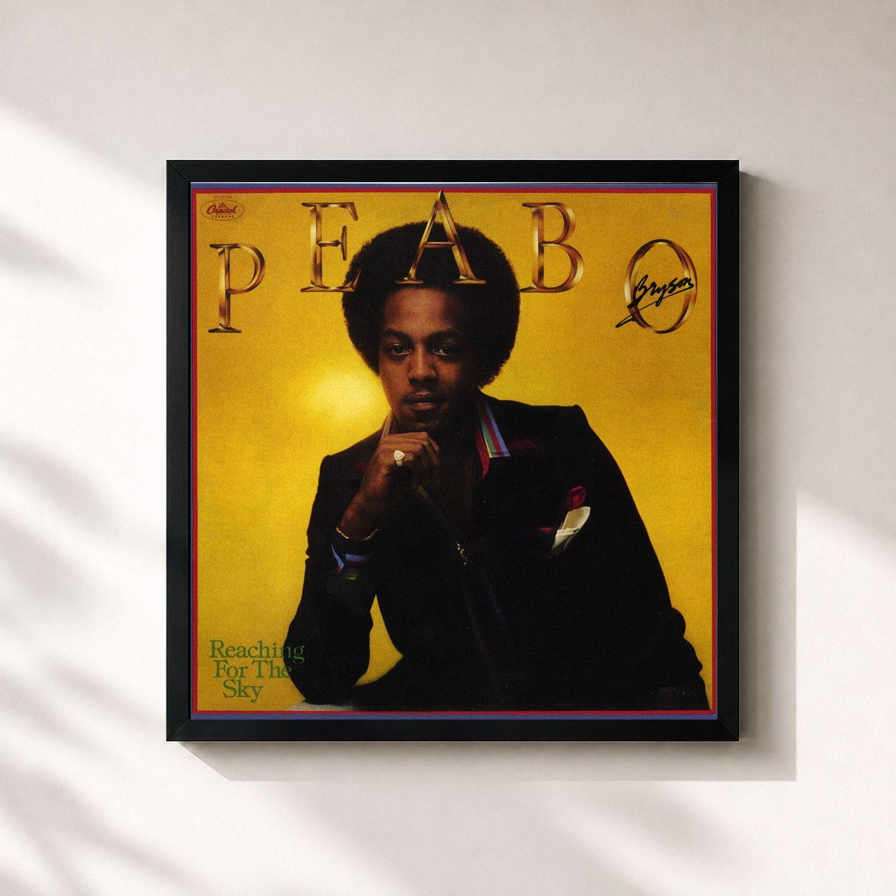 #noir Tableau carré de l'album Reaching For The Sky de Peabo Bryson, cadre noir 32x32 cm
