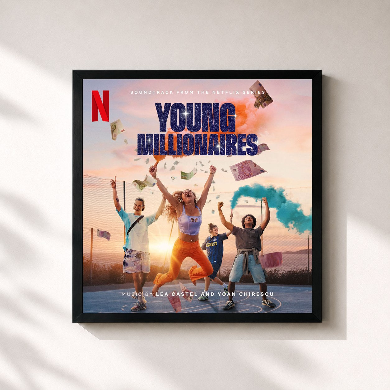 #noir Tableau carré de l'album Young Millionaires (Soundtrack from the Netflix Series) de Léa Castel, cadre noir 32x32 cm