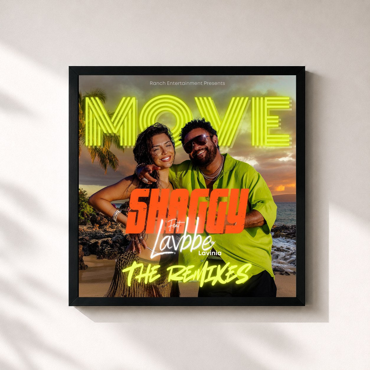 #noir Tableau carré de l'album MOVE (The Remixes) de Shaggy, cadre noir 32x32 cm