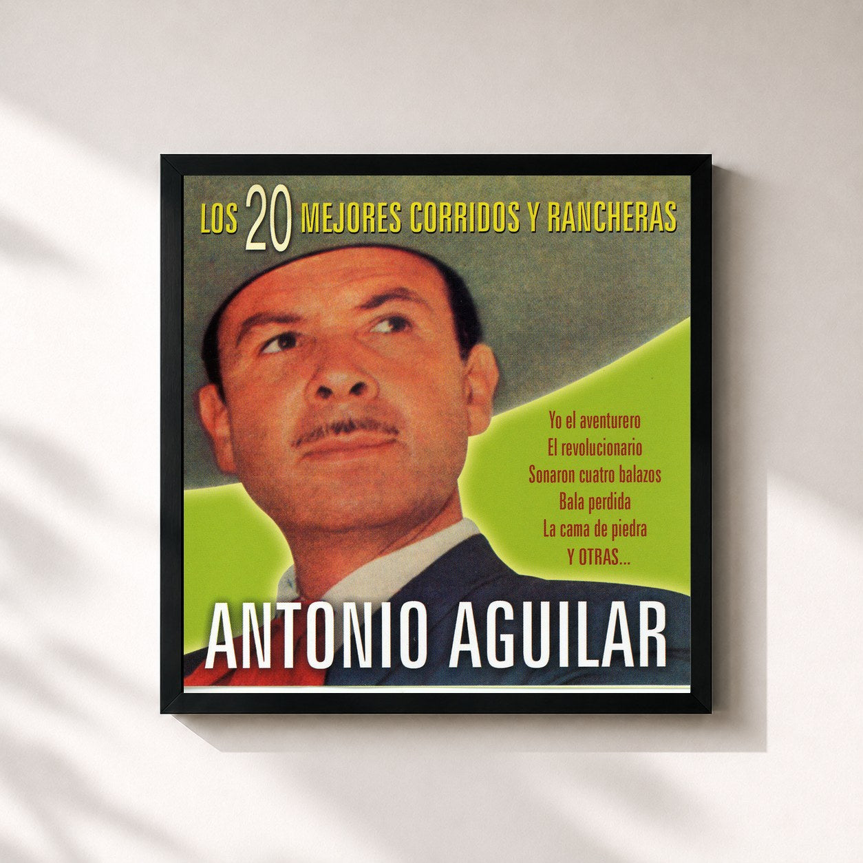 #noir Tableau carré de l'album Los 20 Mejores Corridos y Rancheras de Antonio Aguilar, cadre noir 32x32 cm