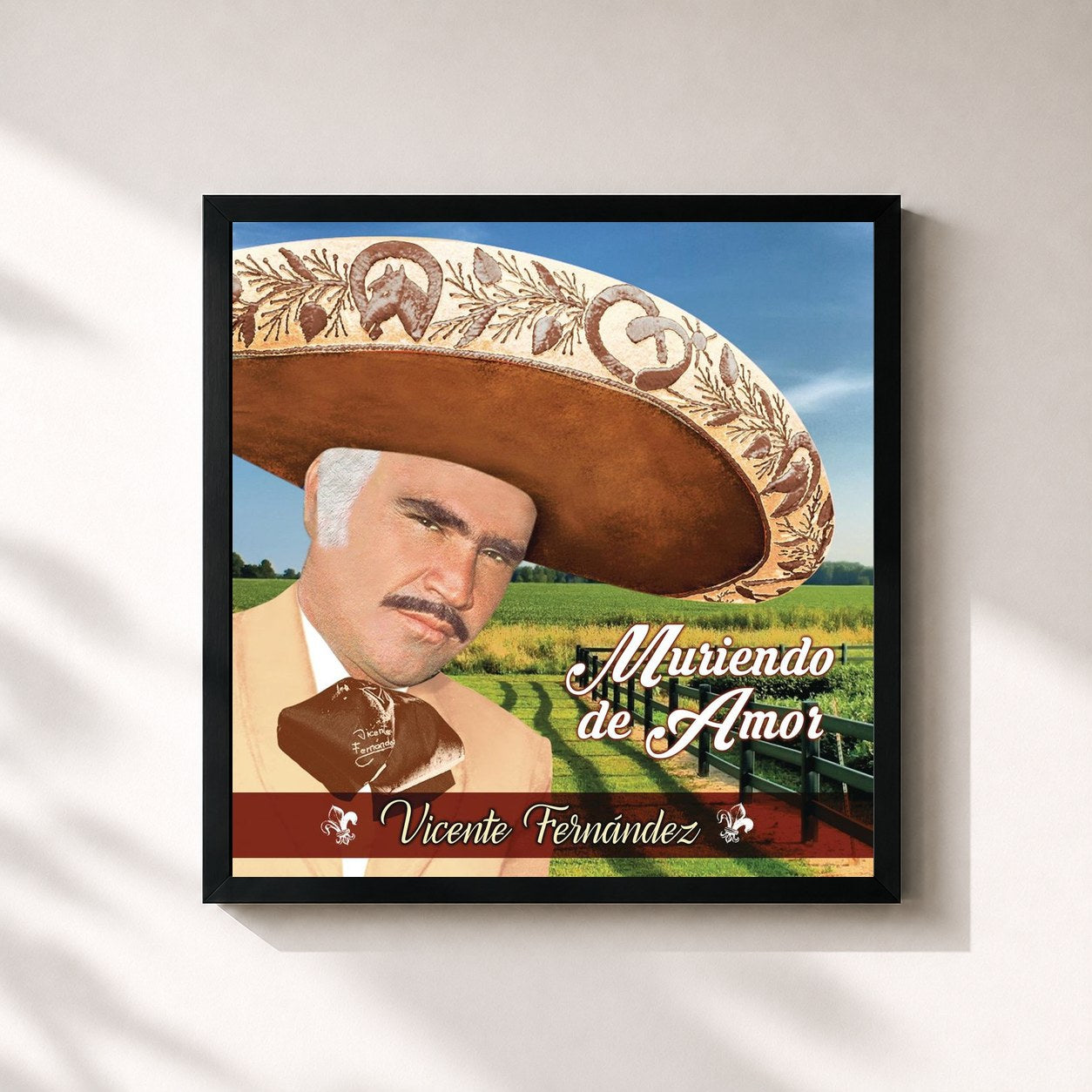 #noir Tableau carré de l'album Muriendo de Amor de Vicente Fernández, cadre noir 32x32 cm