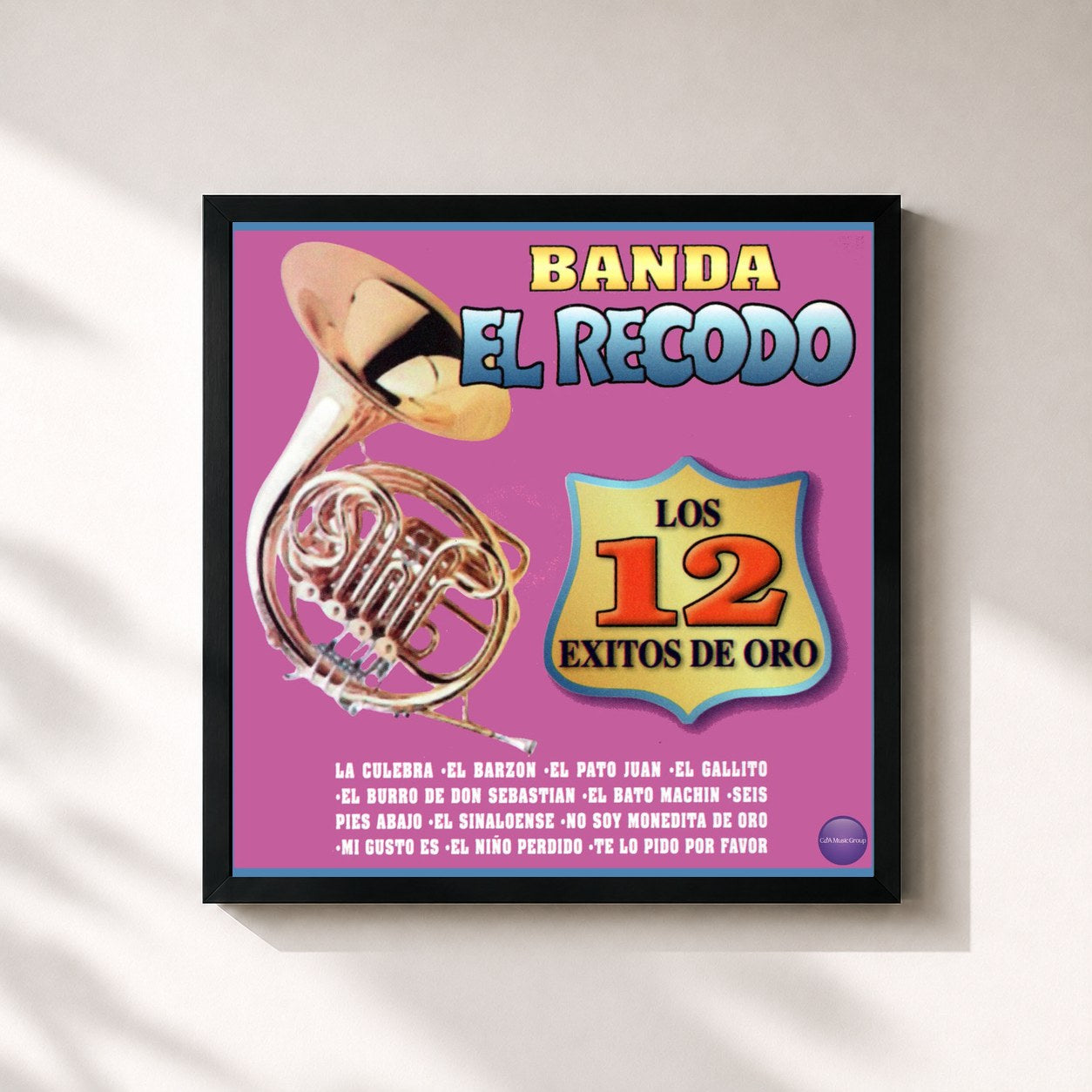 #noir Tableau carré de l'album Los 12 Éxitos de Oro de Banda El Recodo, cadre noir 32x32 cm