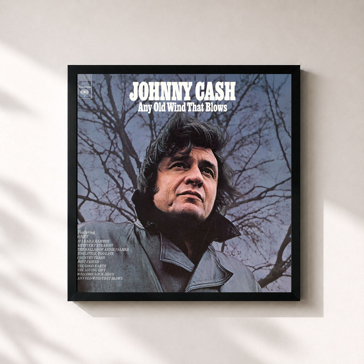 #noir Tableau carré de l'album Any Old Wind That Blows de Johnny Cash, cadre noir 32x32 cm