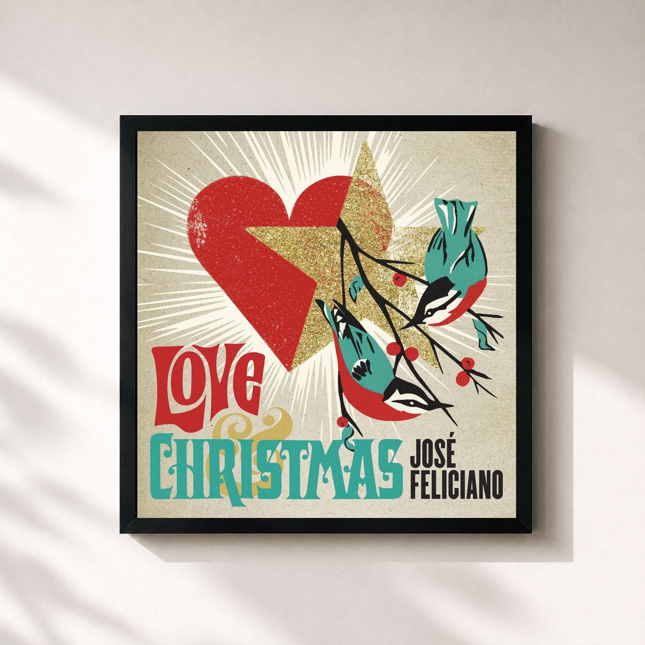 #noir Tableau carré de l'album Love & Christmas de José Feliciano, cadre noir 32x32 cm