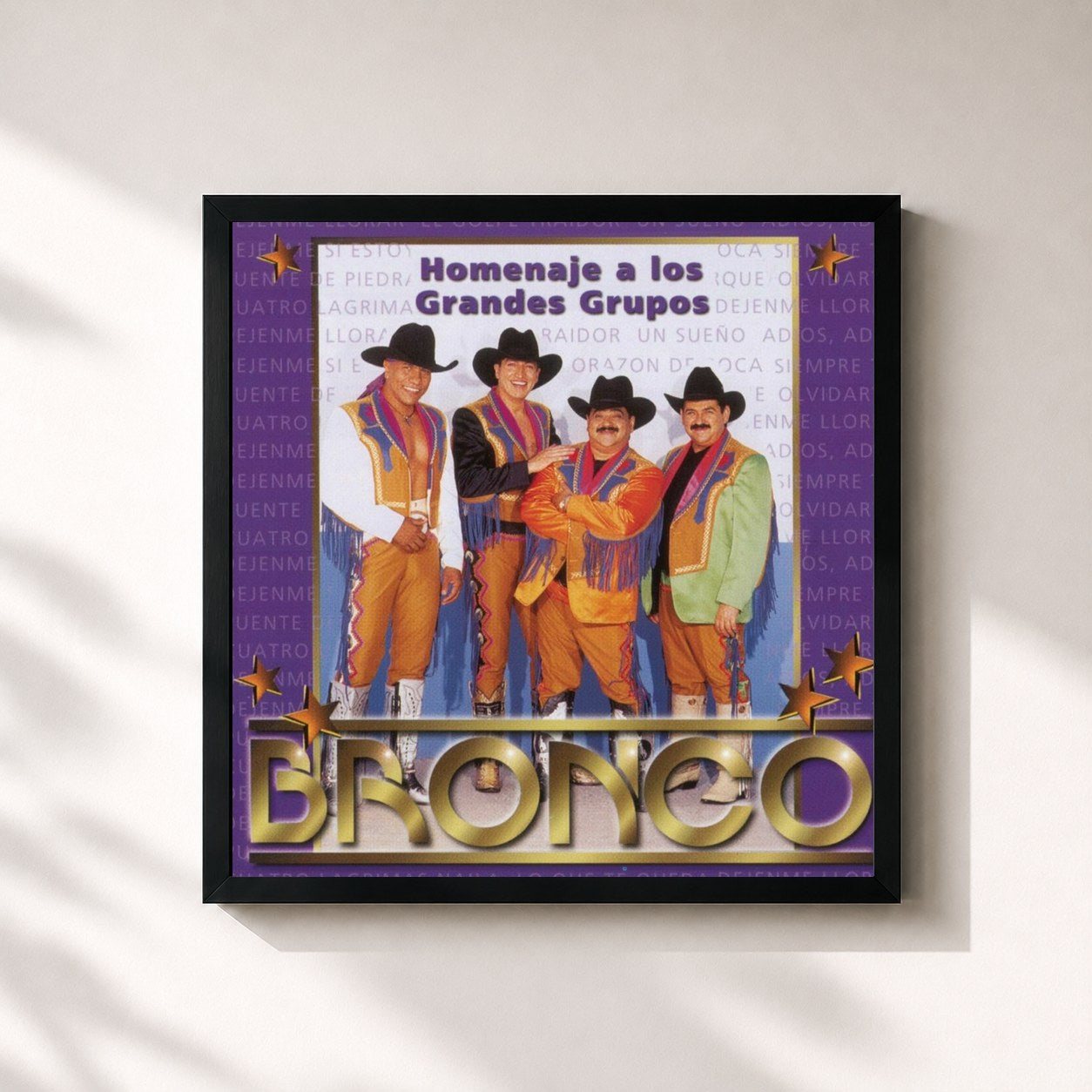 #noir Tableau carré de l'album Homenaje A Los Grandes Grupos de Bronco, cadre noir 32x32 cm