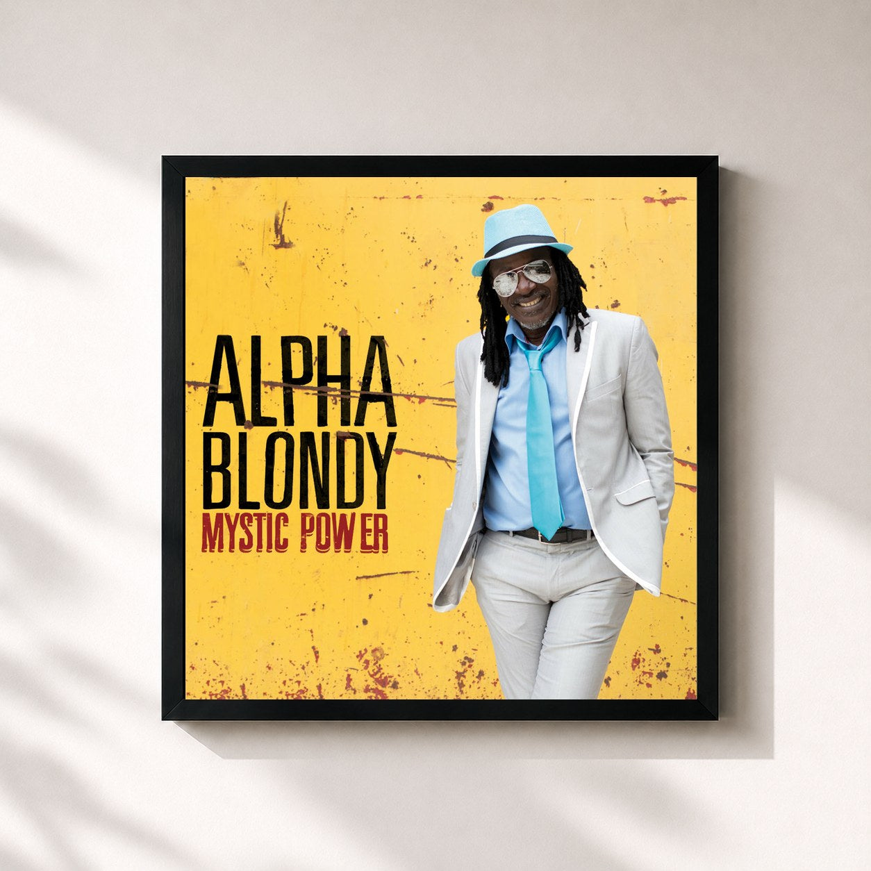 #noir Tableau carré de l'album Mystic Power de Alpha Blondy, cadre noir 32x32 cm