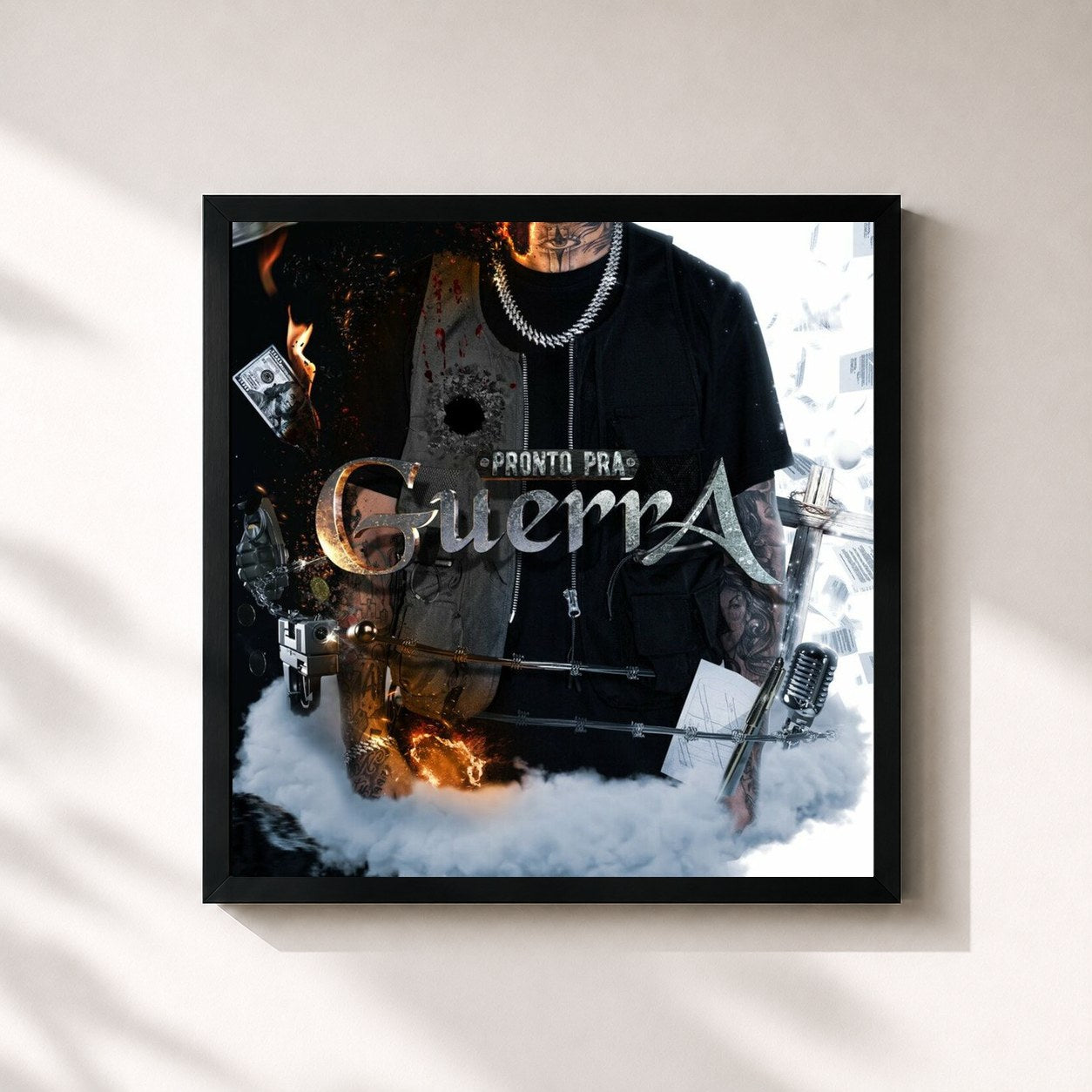 #noir Tableau carré de l'album Pronto pra Guerra de MC PH, cadre noir 32x32 cm