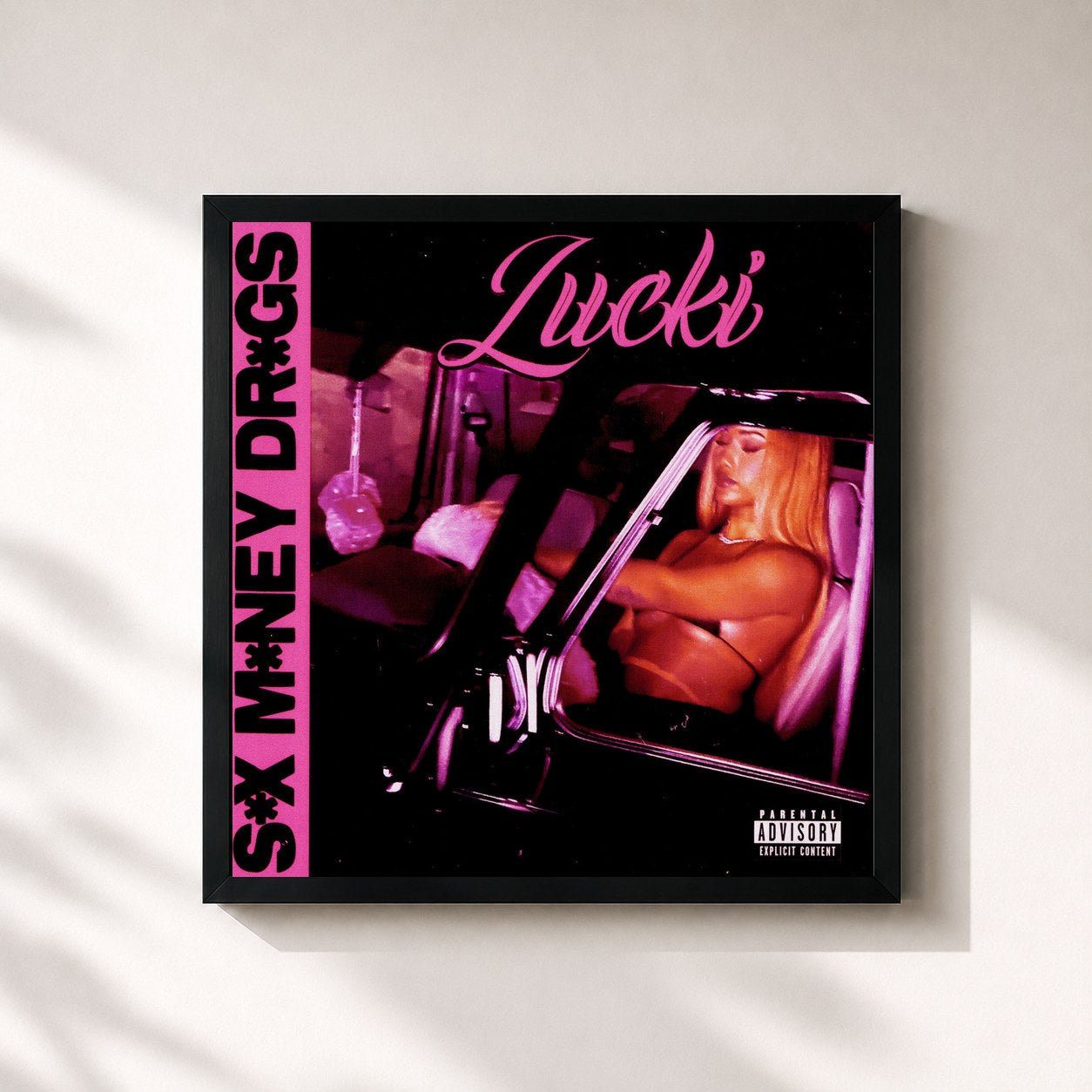 #noir Tableau carré de l'album s*x m*ney dr*gs de Lucki, cadre noir 32x32 cm