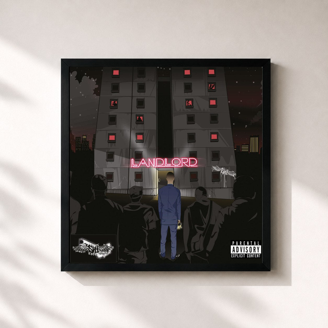 #noir Tableau carré de l'album Landlord de Giggs, cadre noir 32x32 cm