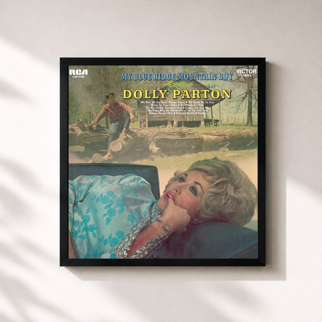 #noir Tableau carré de l'album My Blue Ridge Mountain Boy de Dolly Parton, cadre noir 32x32 cm