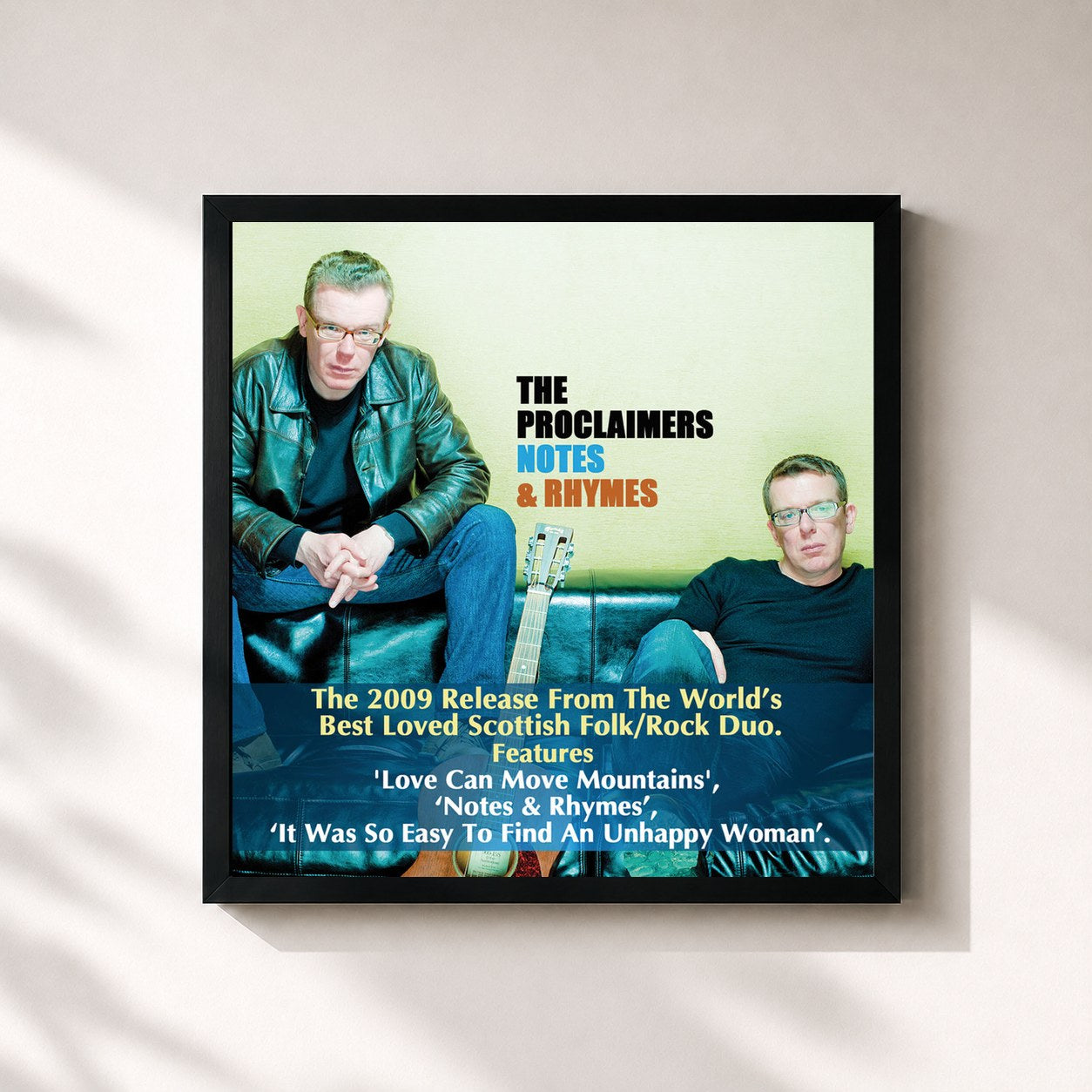 #noir Tableau carré de l'album Notes & Rhymes de The Proclaimers, cadre noir 32x32 cm