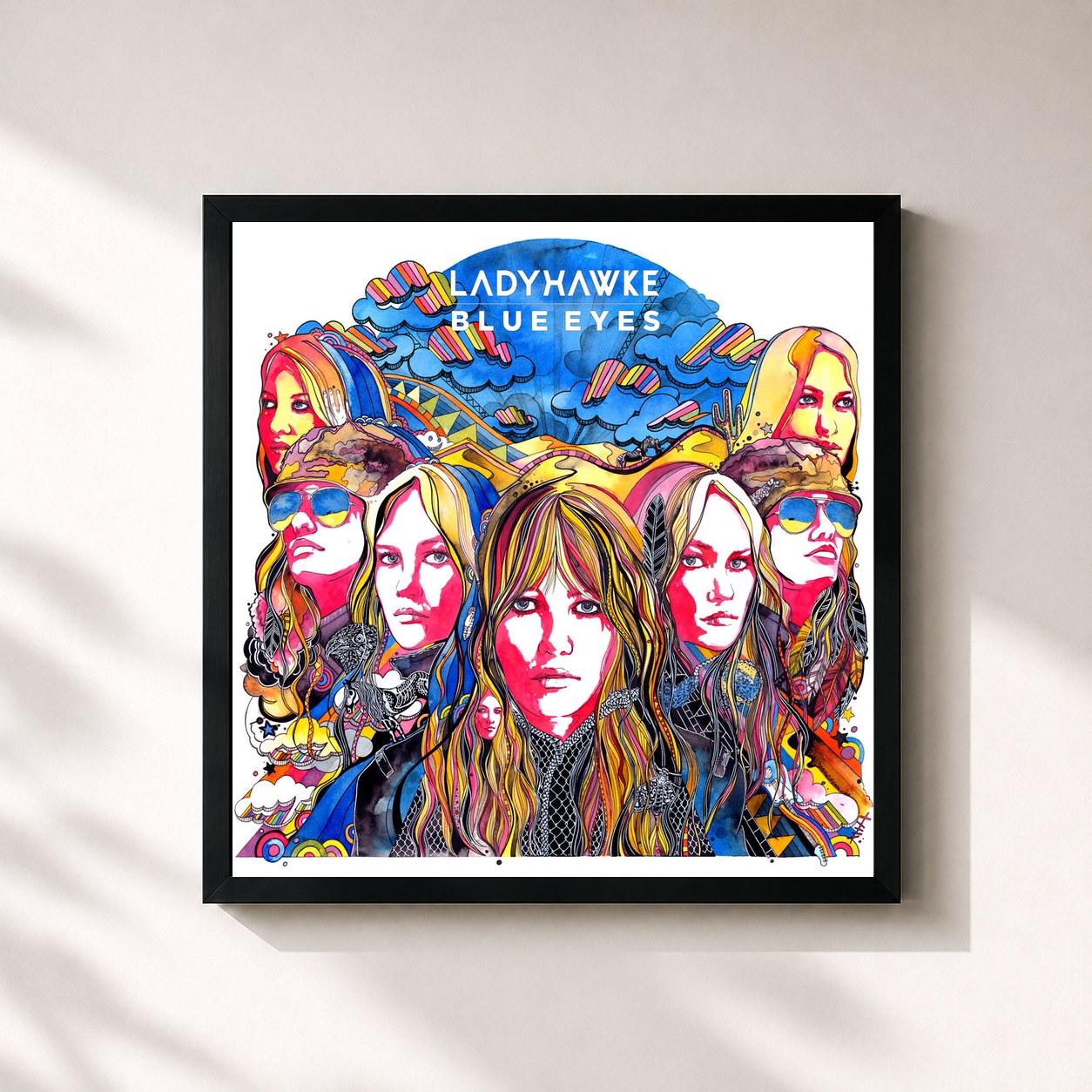 #noir Tableau carré de l'album Blue Eyes de Ladyhawke, cadre noir 32x32 cm