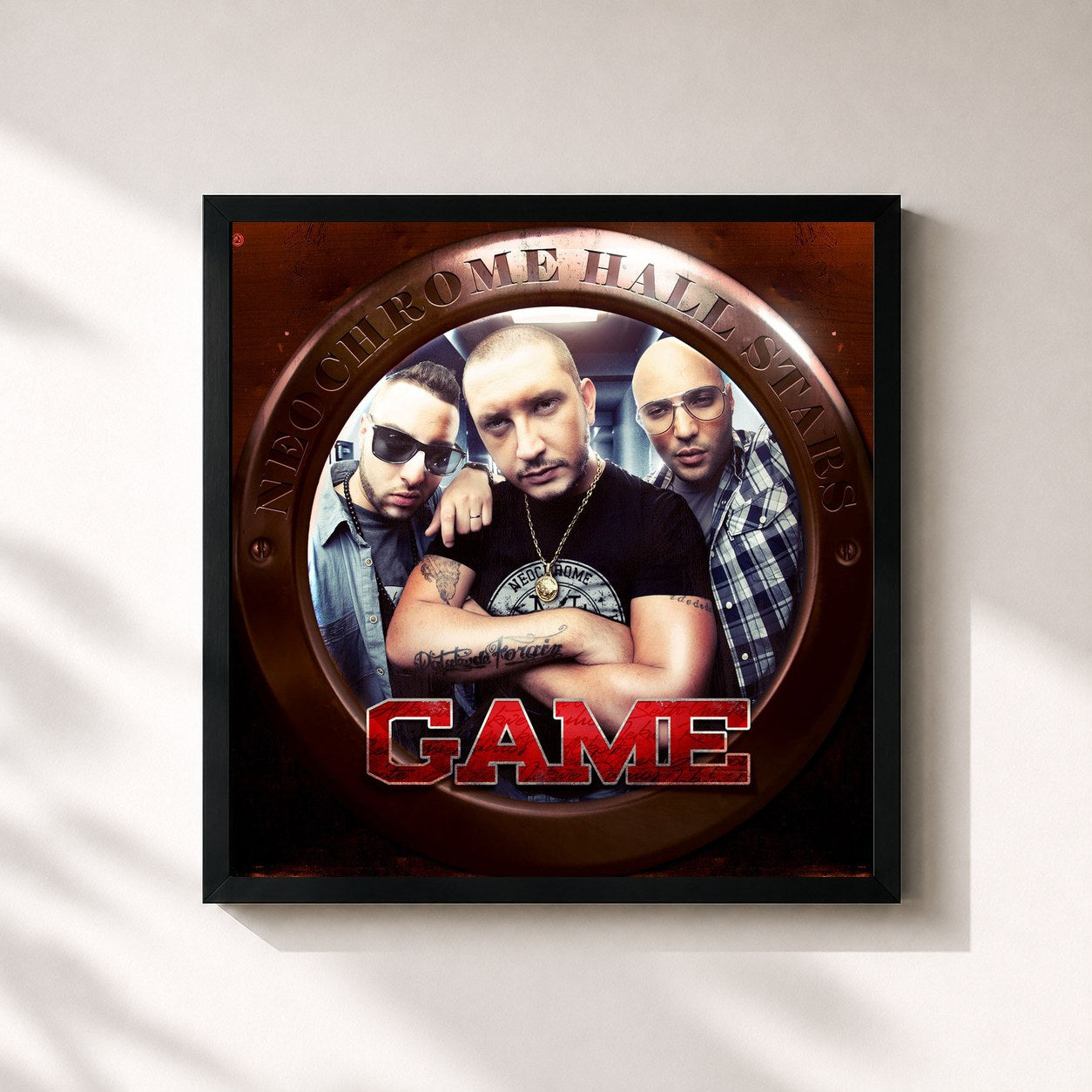 #noir Tableau carré de l'album Néochrome Hall Stars Game de Seth Gueko, cadre noir 32x32 cm