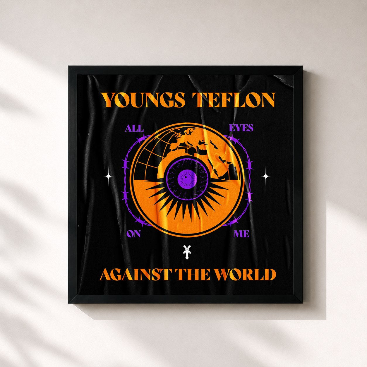 #noir Tableau carré de l'album All Eyes On Me Against The World de Youngs Teflon, cadre noir 32x32 cm
