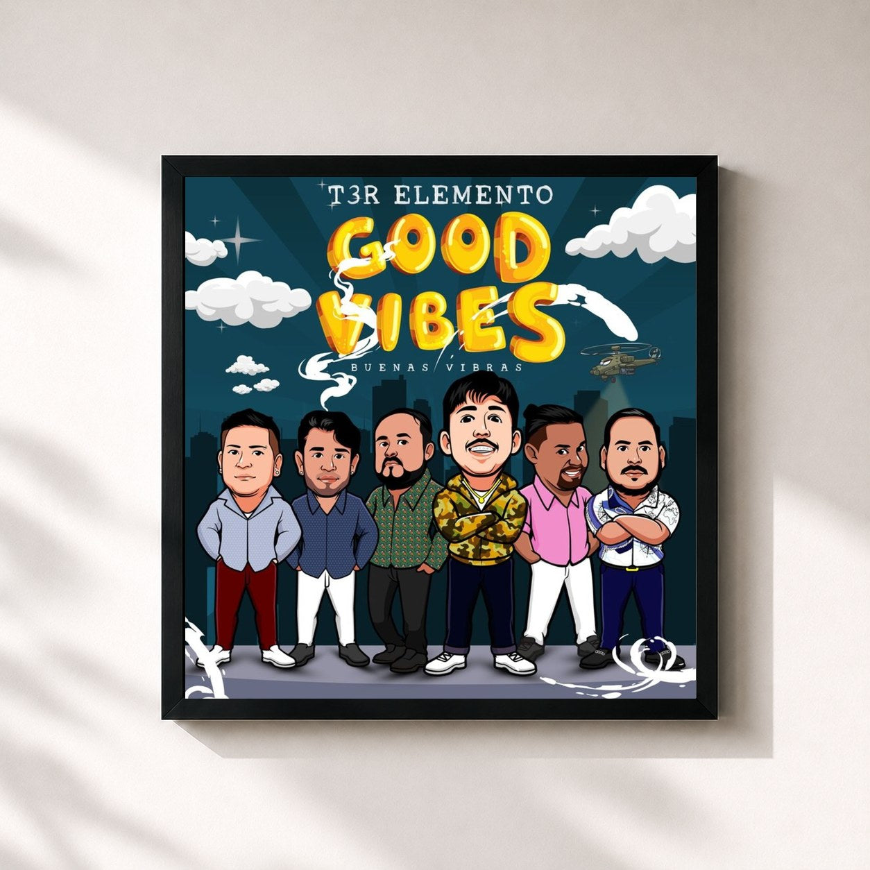 #noir Tableau carré de l'album Good Vibes Buenas Vibras de T3r Elemento, cadre noir 32x32 cm