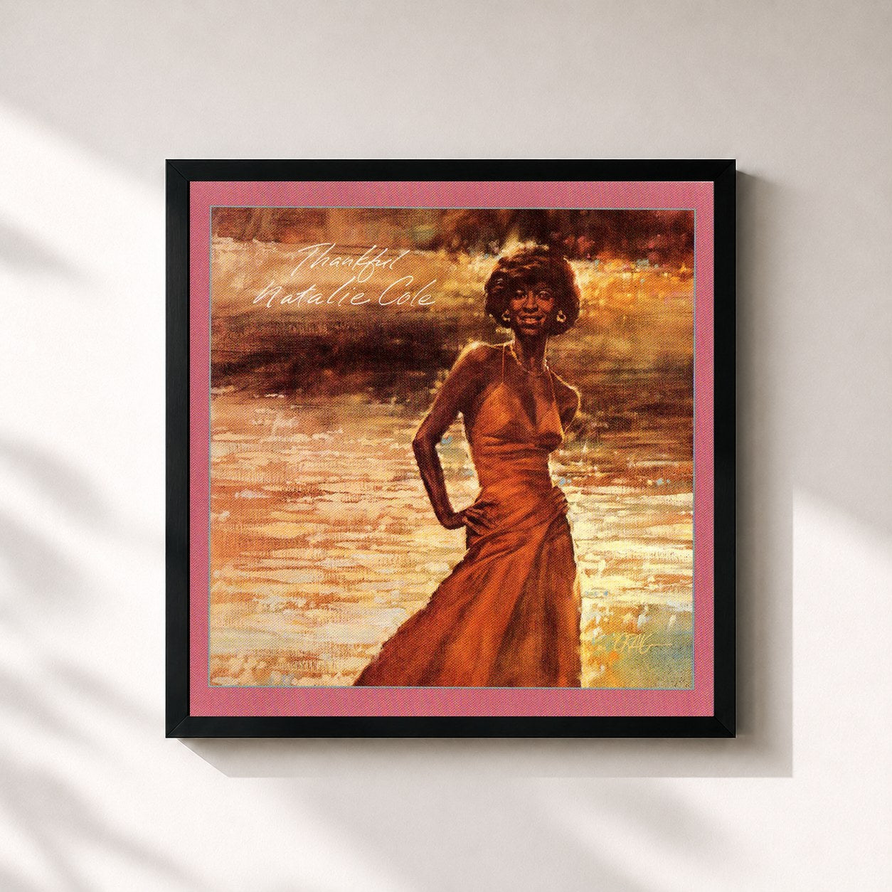 #noir Tableau carré de l'album Thankful de Natalie Cole, cadre noir 32x32 cm