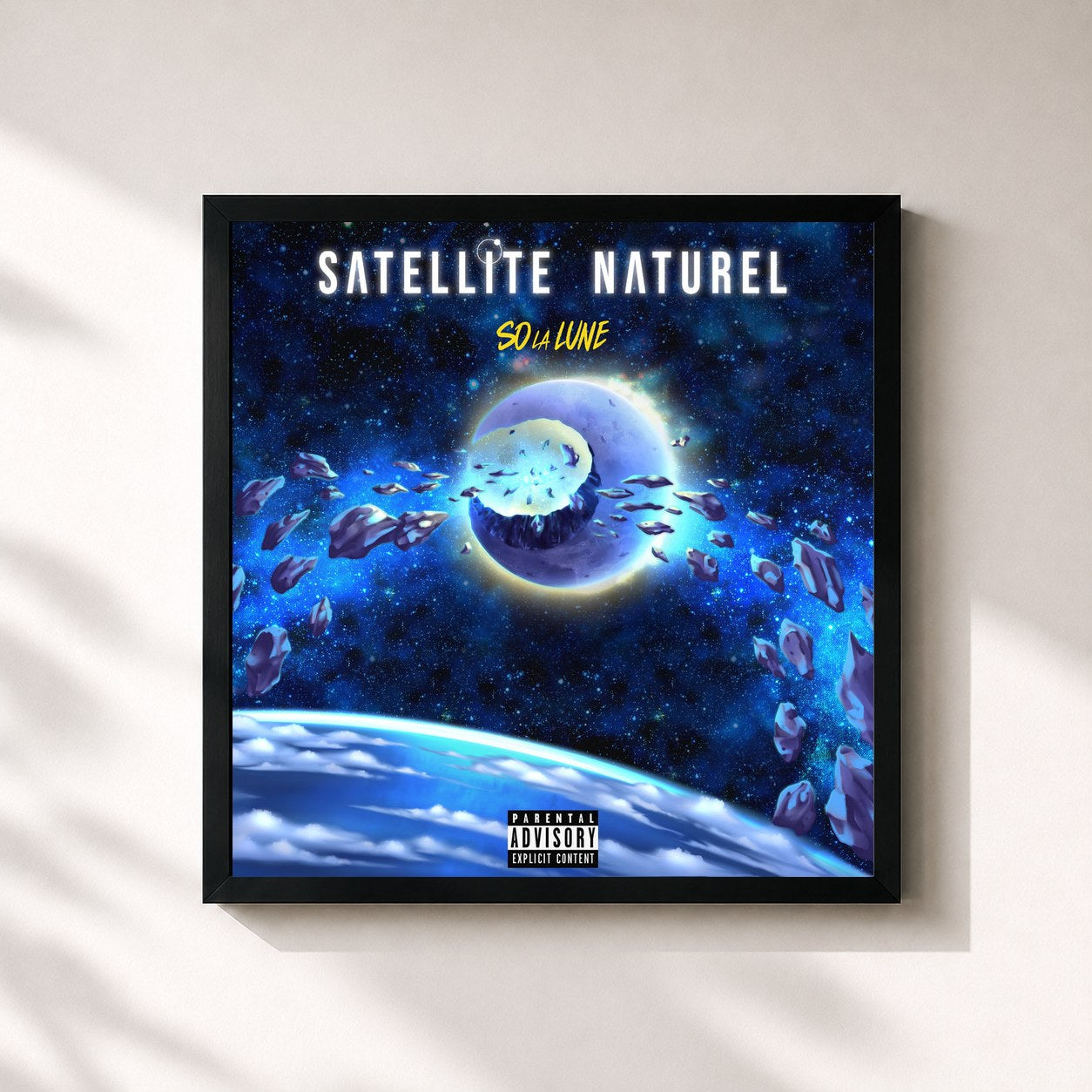#noir Tableau carré de l'album Satellite naturel de So La Lune, cadre noir 32x32 cm