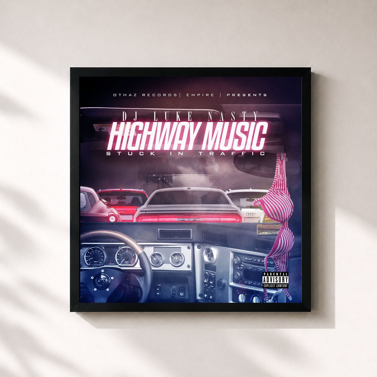 #noir Tableau carré de l'album Highway Music: Stuck In Traffic de DJ Luke Nasty, cadre noir 32x32 cm