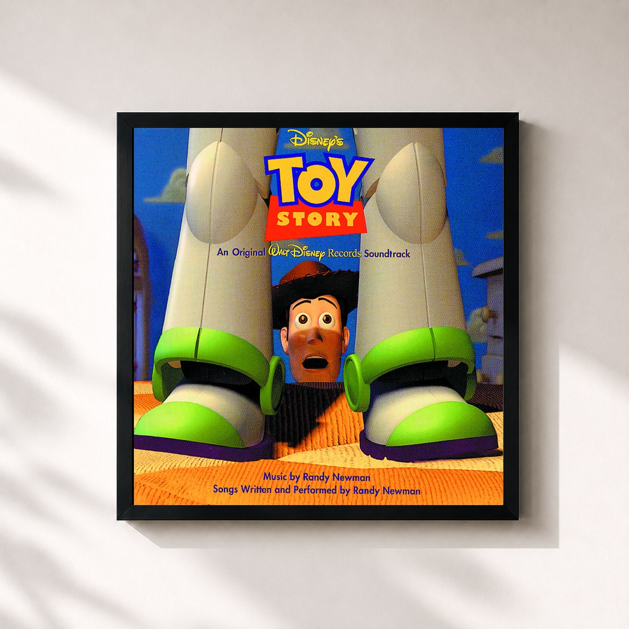 #noir Tableau carré de l'album Toy Story (Original Motion Picture Soundtrack) de Randy Newman, cadre noir 32x32 cm