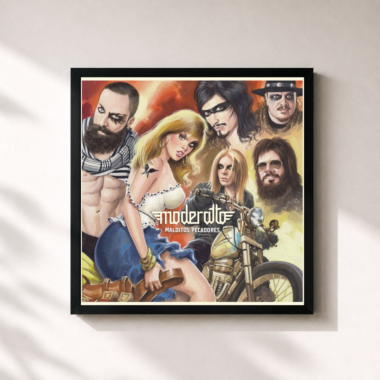 #noir Tableau carré de l'album Malditos Pecadores de Moderatto, cadre noir 32x32 cm
