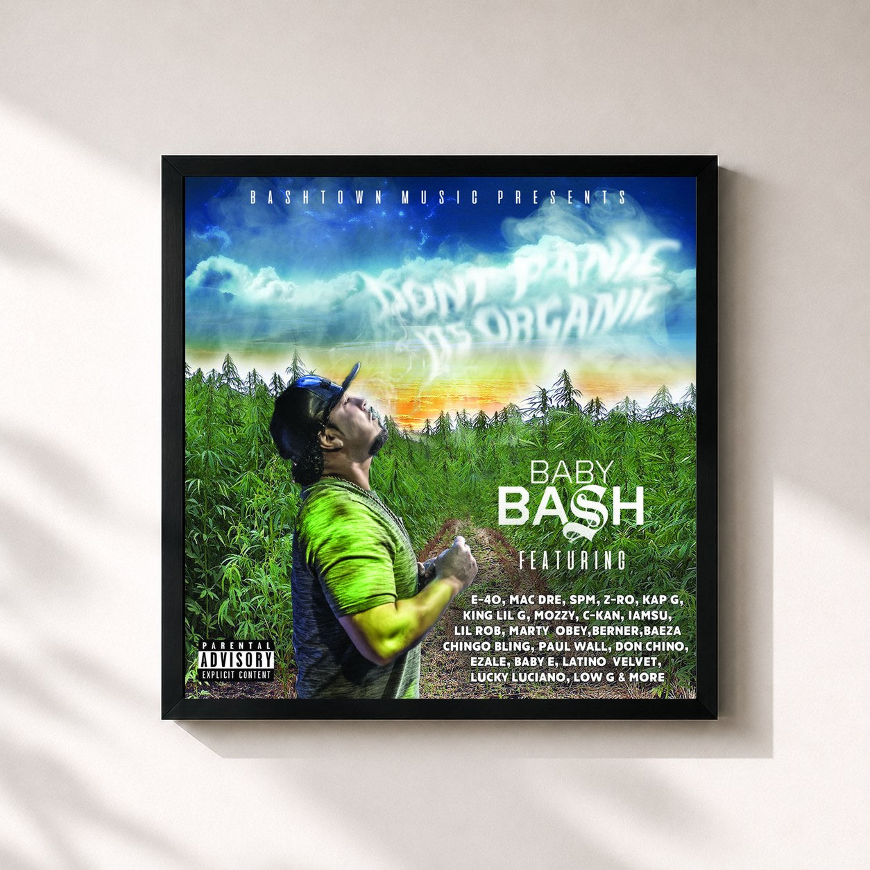 #noir Tableau carré de l'album Don't Panic It's Organic de Baby Bash, cadre noir 32x32 cm